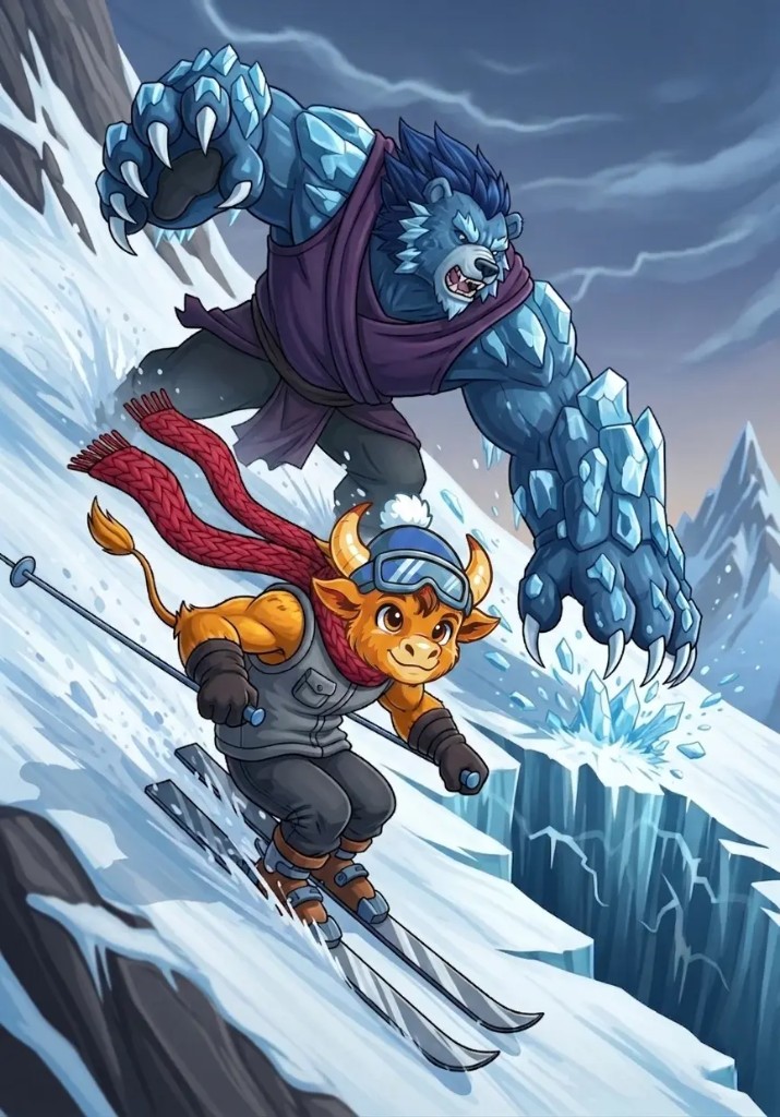 IceBull mascot skiing away from a giant ice bear — representing the Bullski clone chasing the original project